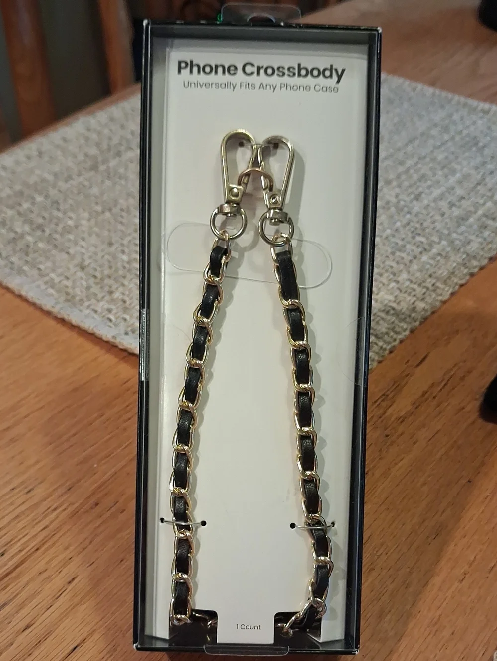 Phone Crossbody Strap — Black with Gold Chain